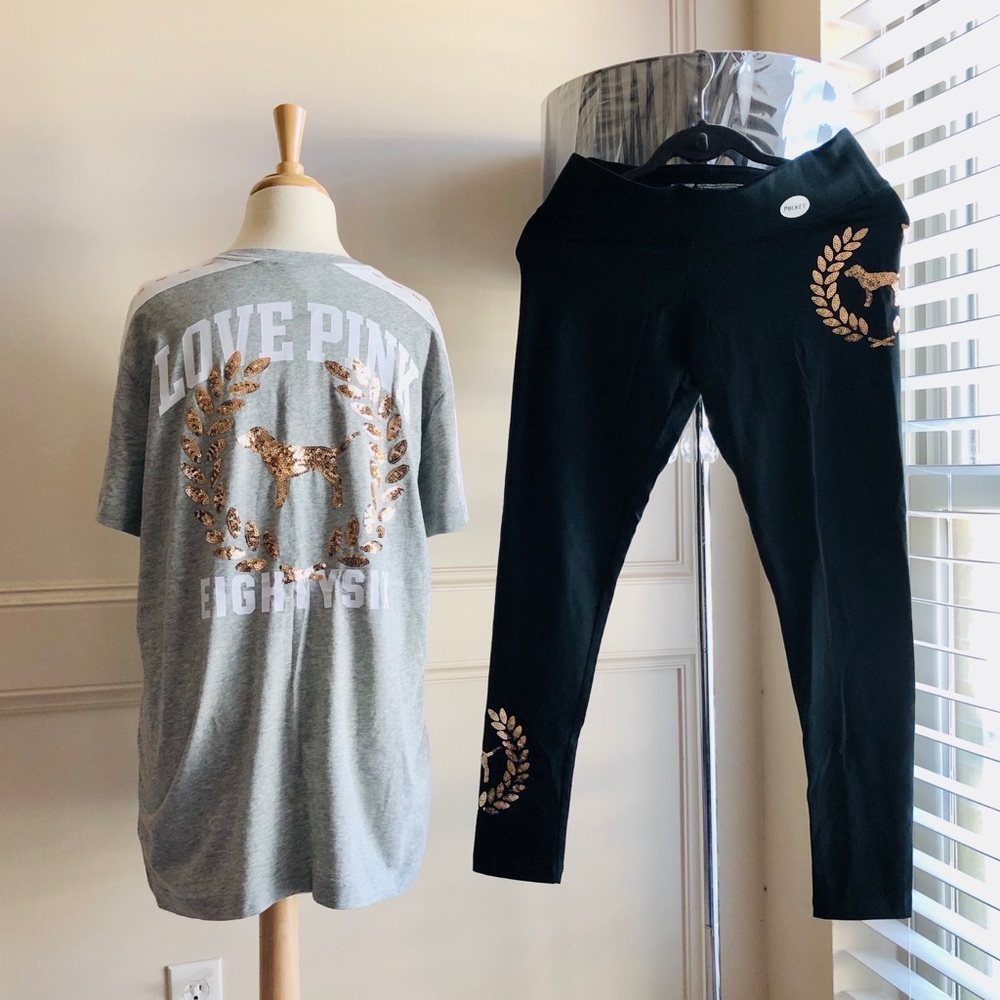 VS PINK Sequins Bling Campus Tee & Legging SET Med